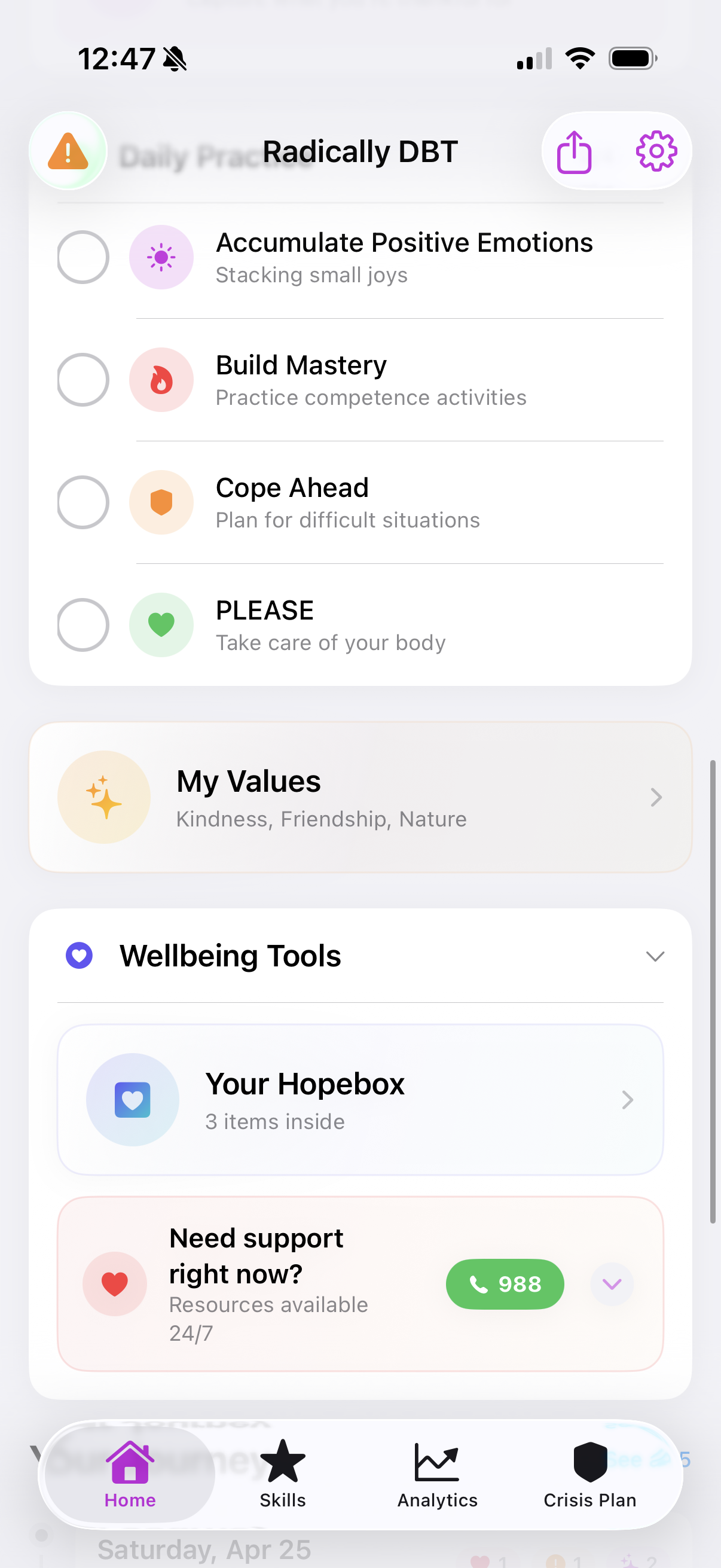 Home screen with daily DBT practice list, values, Hopebox, and 24/7 crisis resources