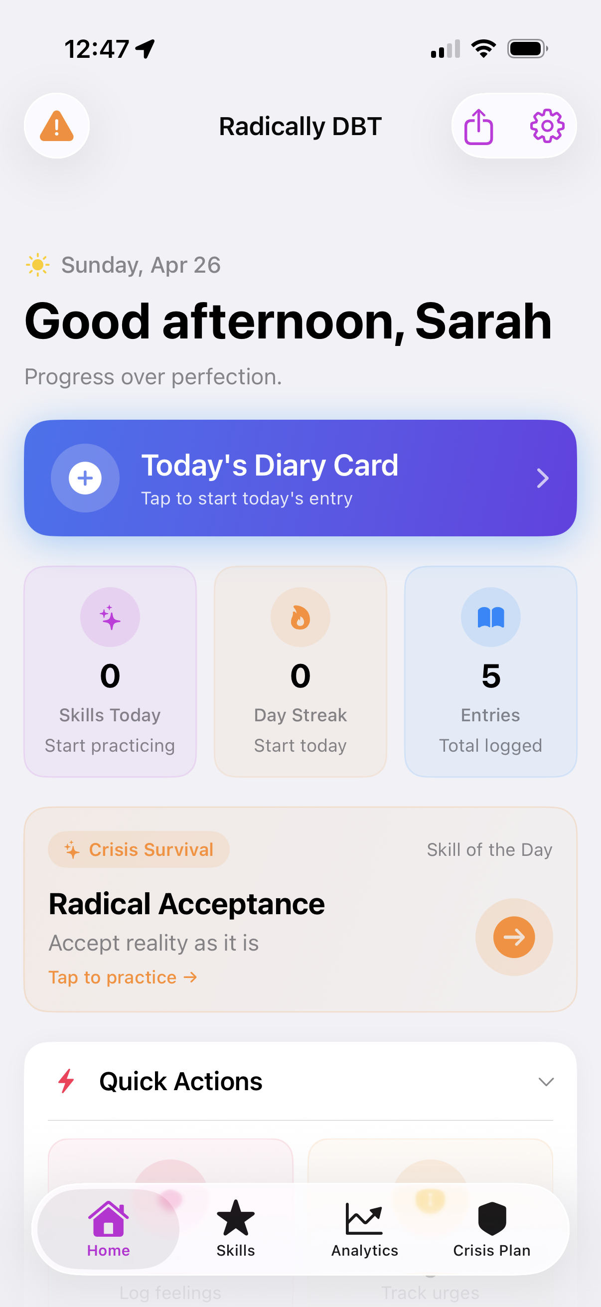 Radically DBT home screen showing personalized greeting, daily diary card, progress stats, and the day's skill