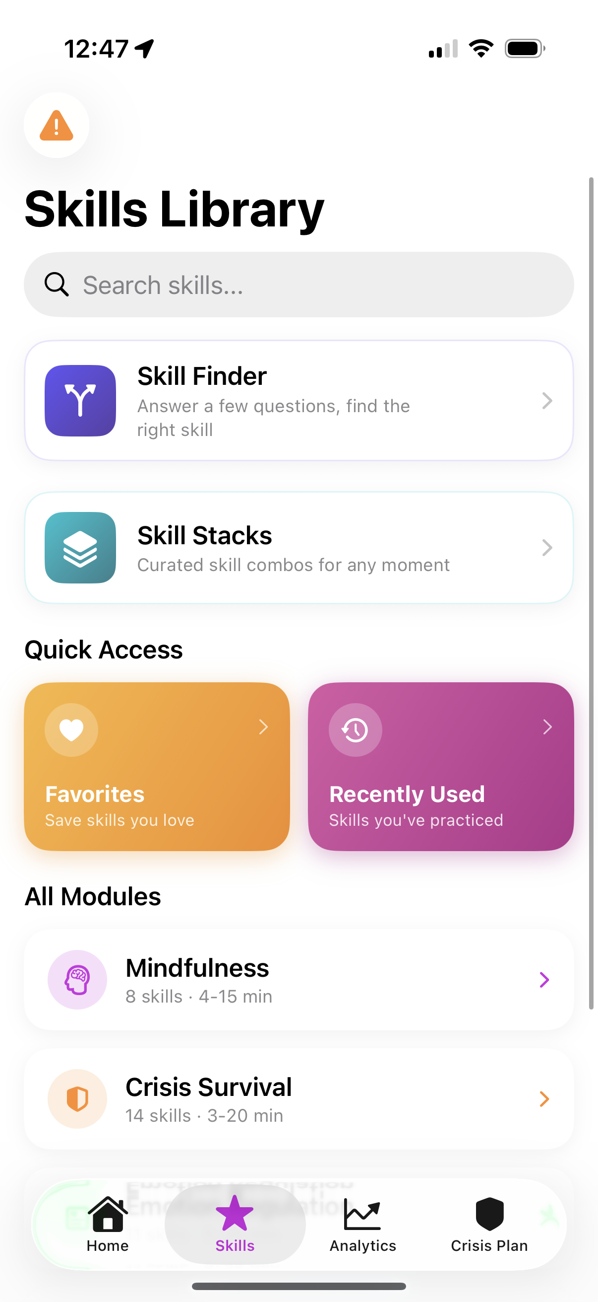 Skills Library with Skill Finder, Skill Stacks, Favorites, Recently Used, and modules including Mindfulness and Crisis Survival