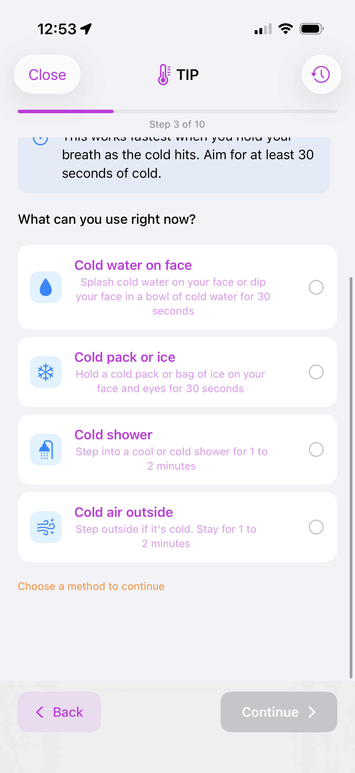 Interactive TIP skill walkthrough offering cold water, cold pack, cold shower, or cold air options to choose from